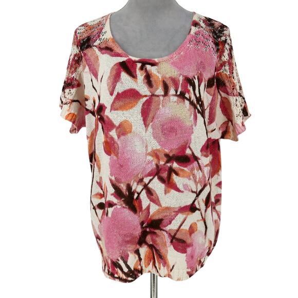 Chico's Tops - Chicos Sweater 2 Womens Large Ivory Pink Floral Cotton Knit Cap Sleeve Oversized